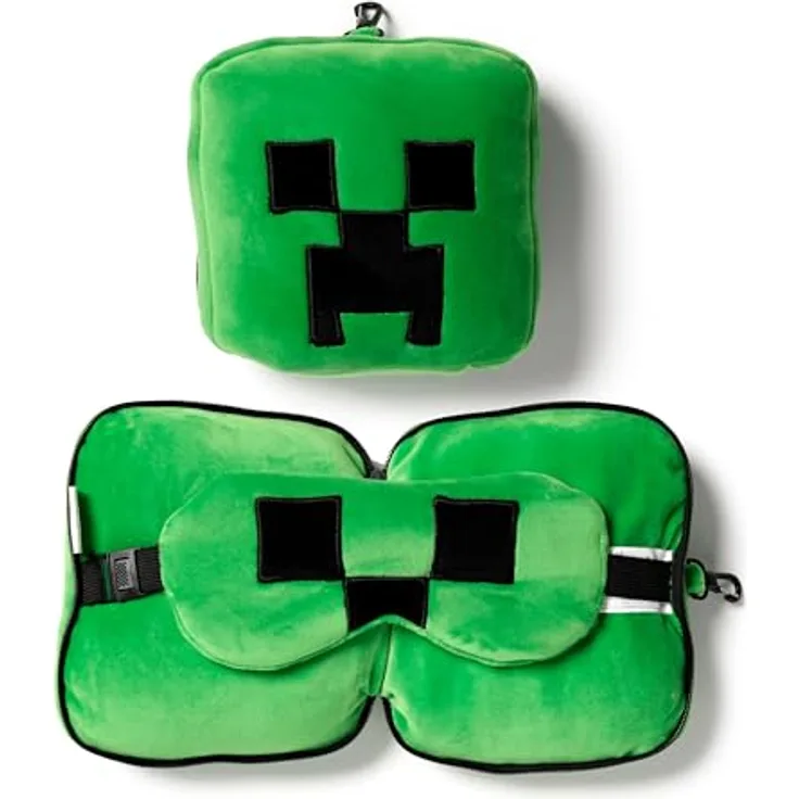Puckator Minecraft Creeper Relaxeazzz Reisekissen, praktisches Reisekissen in Grün mit Schlafmaske und Karabiner, 16 x 16 cm