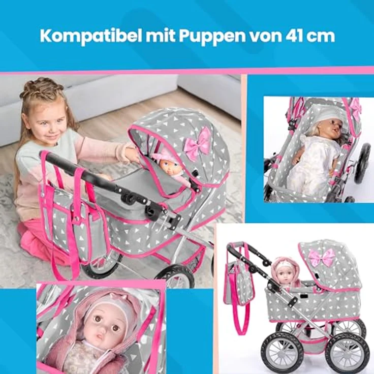 Kinderplay Puppenwagen ab 2 Jahre, Puppenbuggy ab 2 Jahre - Leichte und Stabile Konstruktion, Höhenverstellbar von 33 bis 63 cm, Spielzeug ab 2 Jahre Mädchen, KP0261S – Bild 5