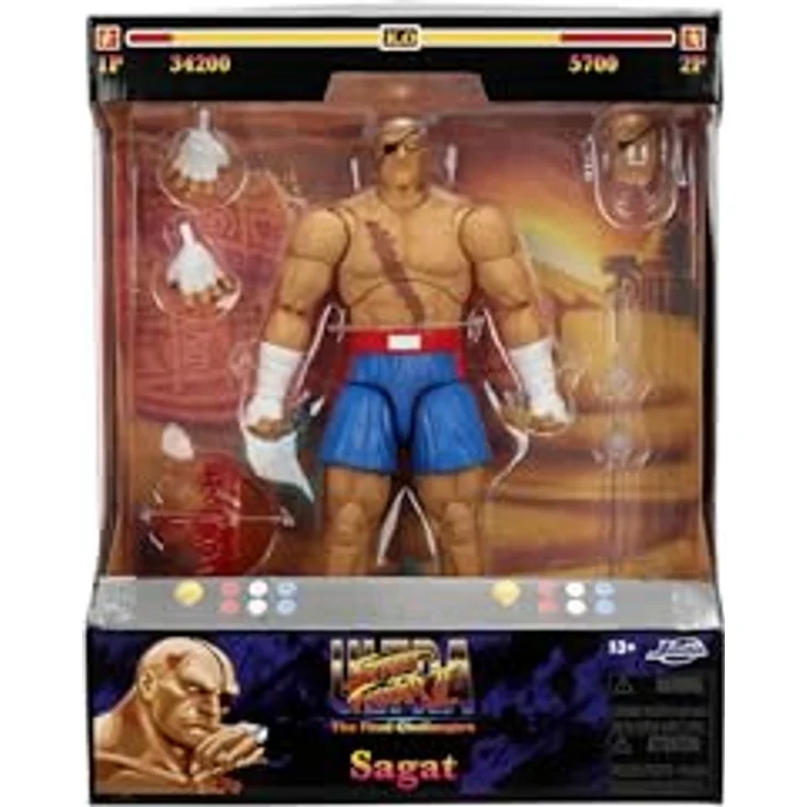 Jada Toys Street Fighter Figur Sagat, 19 cm bewegliche Actionfigur mit alternativem Kopf, Händen und Zubehör, ab 13 Jahren – Bild 2