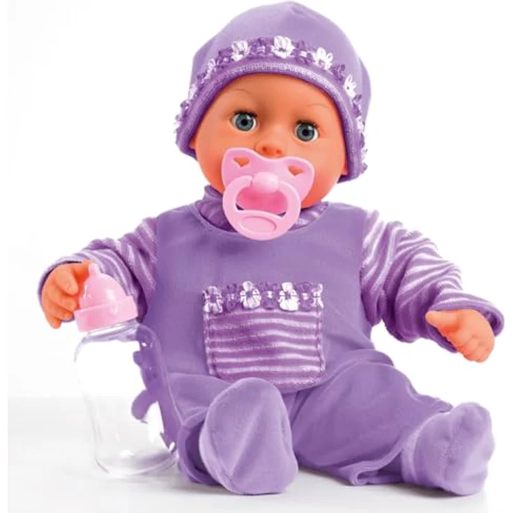Bayer Babypuppe First Words Baby, 38 cm, lila, mit Schlafaugen und 24 Babygeräuschen, 3-tlg. Set mit Flasche und Schnuller – Bild 1