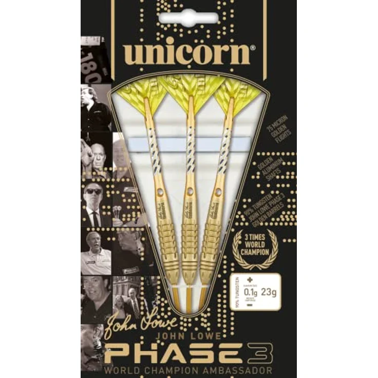 Unicorn Steeltip Dartpfeile Set | John Lowe World Champion Phase 3 Golden 21g | 90% Tungsten Barrels & Volute Points – Bild 4