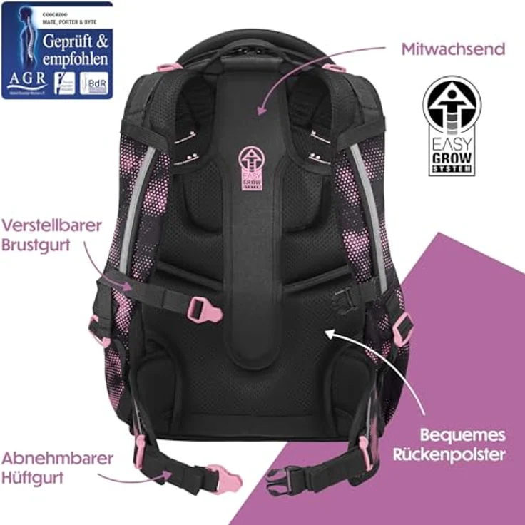 Coocazoo Byte Schulrucksack „Pink Illusion”, ergonomischer Tornister, höhenverstellbar, mit Brust- und Hüftgurt, schwarz-pink, für die 3. Klasse – Bild 4