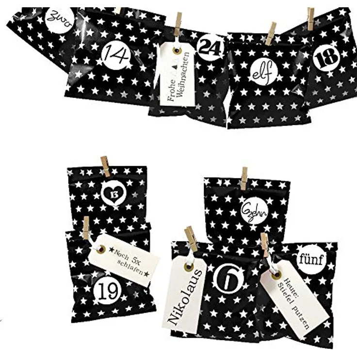 Frau WUNDERVoll® DIY Adventskalender zum Befüllen Bescherung, schwarz - weiße Sterne Papiertüten 13x16,5cm, Ziffern schwarz-weiß/Weihnachten Aufkleber Advent Kalender Kinder Geschenkbeutel