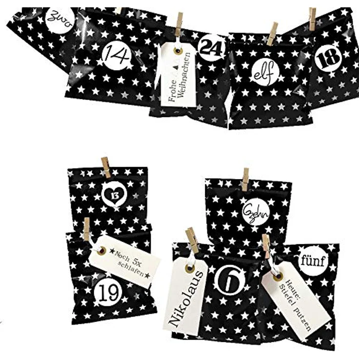 Frau WUNDERVoll® DIY Adventskalender zum Befüllen Bescherung, schwarz - weiße Sterne Papiertüten 13x16,5cm, Ziffern schwarz-weiß/Weihnachten Aufkleber Advent Kalender Kinder Geschenkbeutel – Bild 1
