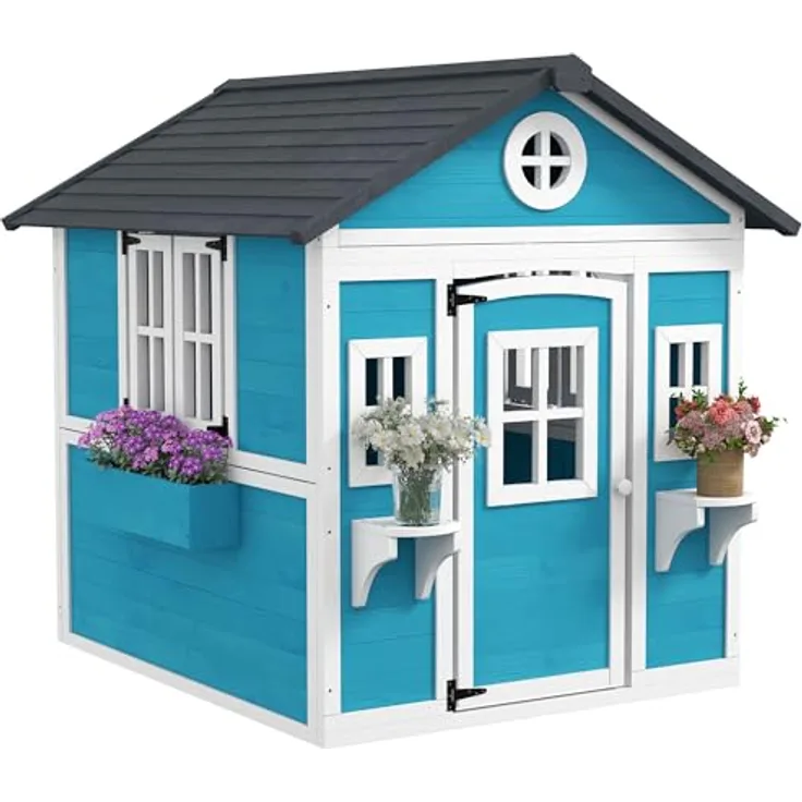 Outsunny Kinderspielhaus aus Holz, Outdoor Spielhaus mit Fenster, Blumenregal und Pflanzenkasten, für Kinder 3-8 Jahre, blau