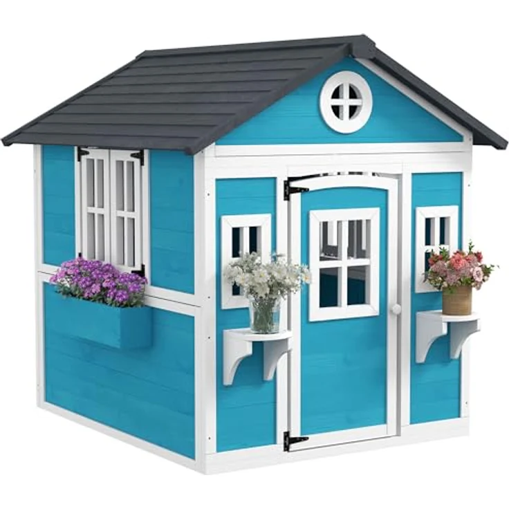 Outsunny Kinderspielhaus aus Holz, Outdoor Spielhaus mit Fenster, Blumenregal und Pflanzenkasten, für Kinder 3-8 Jahre, blau – Bild 1