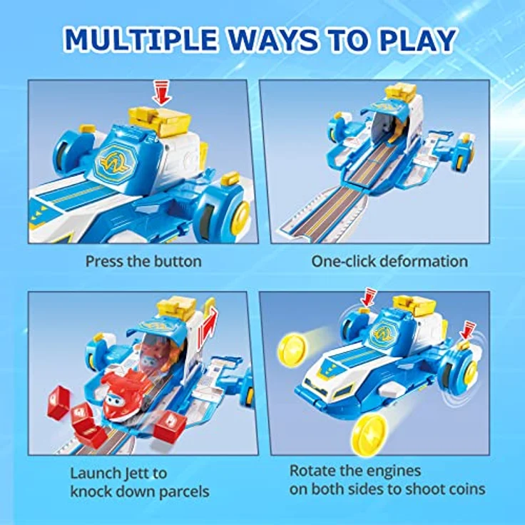 Super Wings World Flugzeuge Spielset, 2 Zoll Jett Transforming Flugzeug mit verschiebbarer Landebahn, Lichteffekten und Sounds, für Kinder ab 3 Jahren – Bild 3