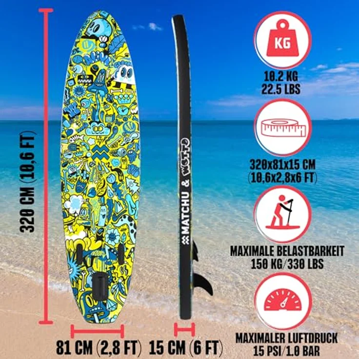 MATCHU Aufblasbares SUP Board, Limited Edition mit Wotto Collection Design, 320x81x15 cm, 150 kg belastbar, Komplettset mit Zubehör, UV-Drucktechnologie, Zertifikat inklusive – Bild 2