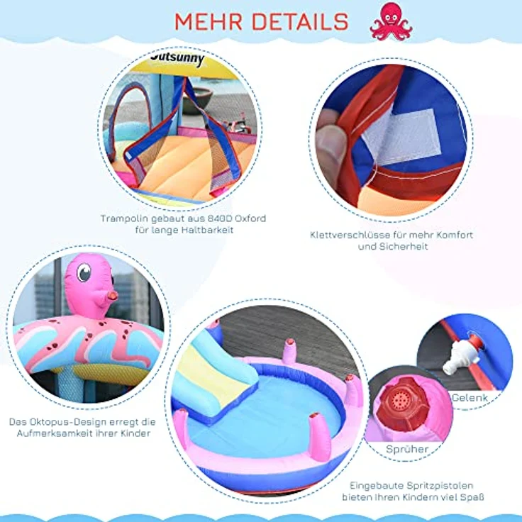 Outsunny Hüpfburg, aufblasbare Spielburg mit Rutsche und Gebläse, Mehrfarbig, 360 x 175 x 180 cm, für Außenbereich, Oktopus-Design, bis zu 3 Kinder, inkl. Zubehör. – Bild 5