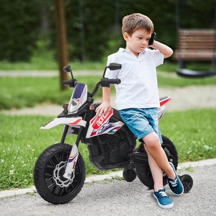 AIYAPLAY Kinder Elektro-Motorrad, 12V Aprilia Kindermotorrad mit Musik, 6 km/h, abnehmbare Trainingsräder, 12 Zoll Kunststoffreifen, max. 30 kg, Weiß – Bild 2