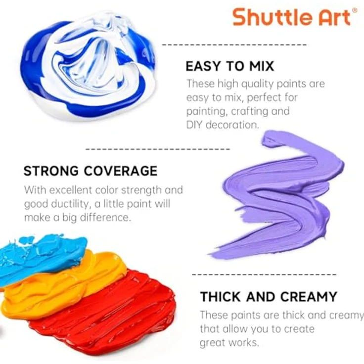 Shuttle Art Acrylfarben Set, 80 bunte Acrylfarben (60ml) mit 12 Pinseln, ungiftig, wasserfest für Leinwand, Holz und Steine – Bild 5