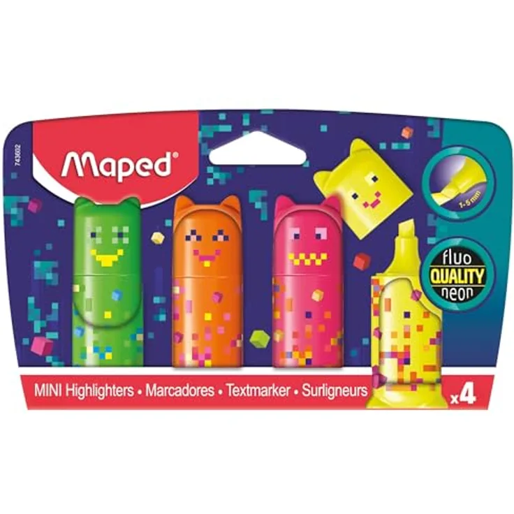 Maped PIXEL PARTY Mini Textmarker, farbsortiert, 4 St., ergonomische Griffzone, keilförmige Spitze, lichtbeständig