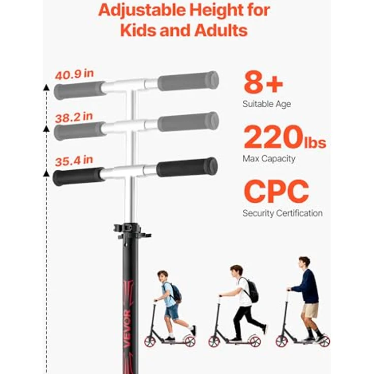 VEVOR Scooter für Kinder ab 8 Jahren, faltbarer Cityroller mit höhenverstellbarem Lenker, rutschfestem Deck und leichten Aluminiumrahmen, bis 100 kg, Schwarz + Rot – Bild 2