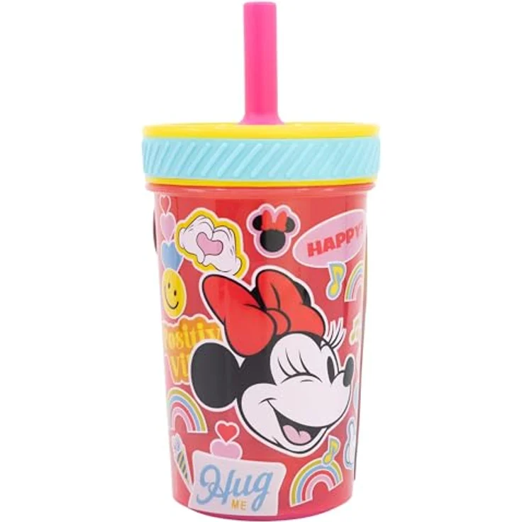Stor PP-Becher Minnie Maus, kippsicher, mit Silikon-Trinkhalm, 370 ml, Blume, Power, BPA-frei – Bild 1