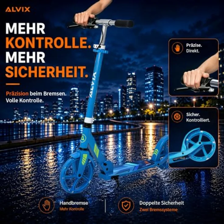 ALVIX Kinder-Scooter mit Handbremse, 200mm LED-Leuchträder, höhenverstellbar, faltbar, Tragetasche, bis 100 kg – Bild 4