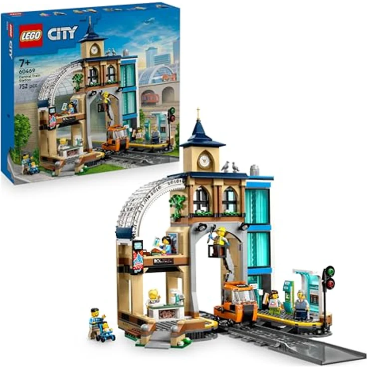 LEGO City 60469 Hauptbahnhof Bausatz, 752 Teile mit Uhrenturm, Café, Aufzug und 6 Mini-Figuren, Mehrfarbig – Bild 1