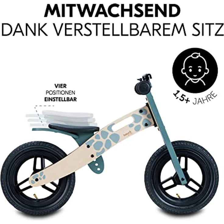 Hauck Laufrad Kinder Balance N Ride, Holz Laufrad ab 18 Monaten (FSC® Zertifiziert), Sattel höhenverstellbar, Rutschrad mit 12 Zoll Lufträder, Klingel, Tragegriff, ohne Pedal (Turtle) – Bild 3