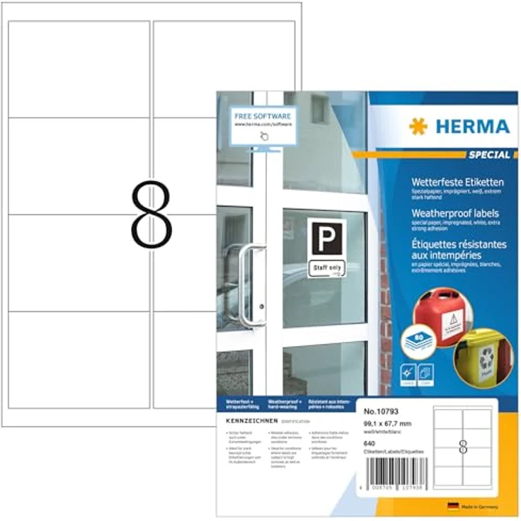 HERMA 10793 Wetterfeste Etiketten imprägniert, 640 Stück, 99,1 x 67,7 mm, selbstklebend, bedruckbar, für Outdoor, weiß – Bild 1