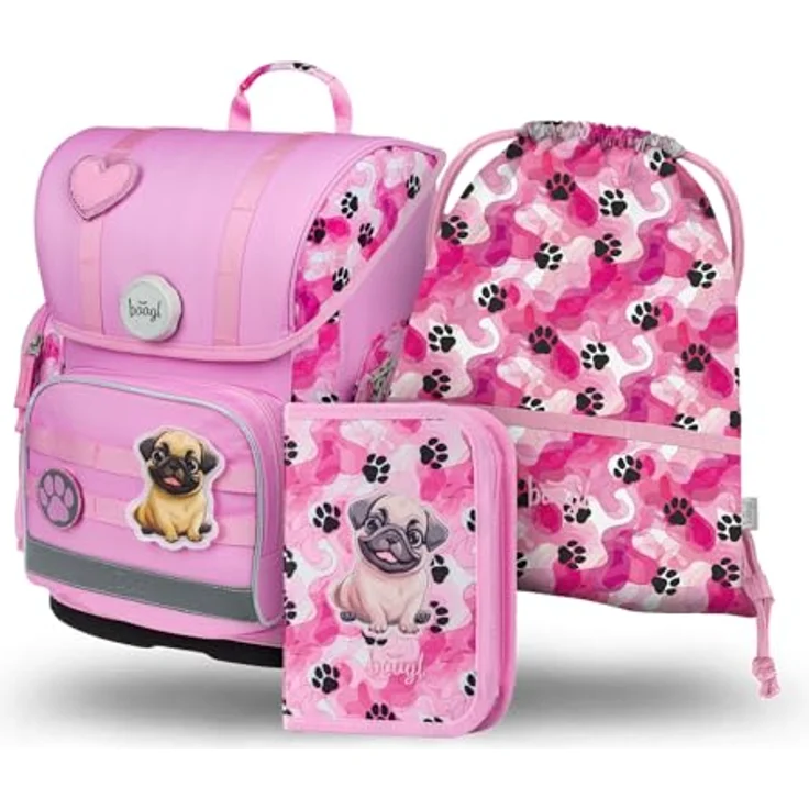 Baagl Schulranzen Set 3-teilig, ergonomische Schultasche mit Pfötchen-Design, inkl. Turnbeutel und Federmäppchen, anatomisch gepolstert – Bild 1