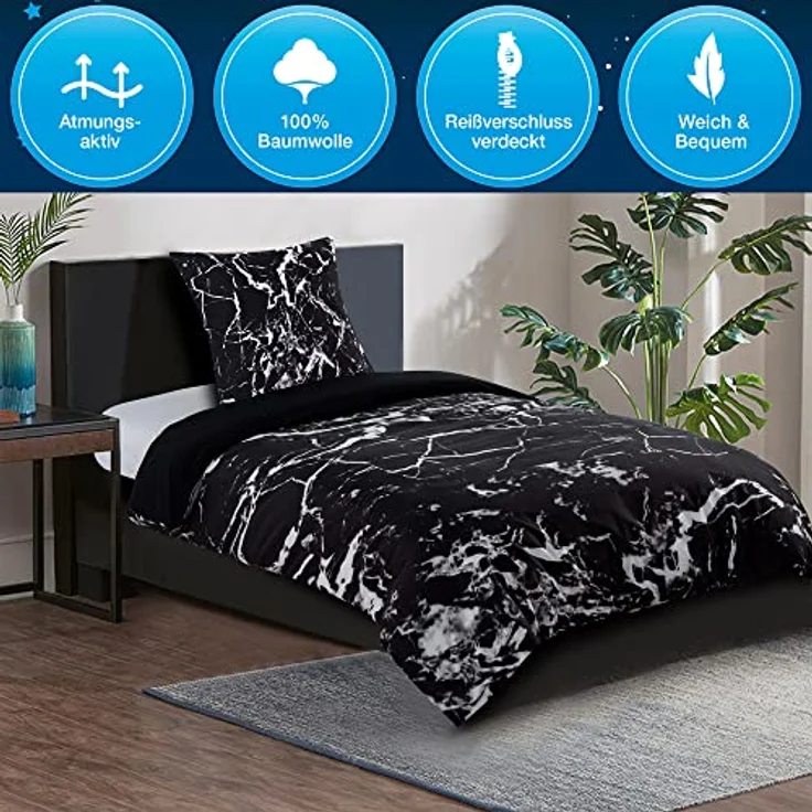 Sanilo® Bettwäsche 135x200 cm, 100% feinste Baumwolle, Wendebettwäsche, Marmor Schwarz – Bild 4