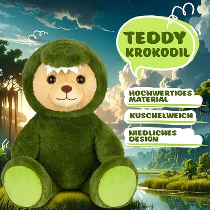 BRUBIES Teddy Krokodil, 25 cm Teddybär im Krokodilkostüm mit abnehmbarer Kapuze, extra weiches Plüschtier für Kinder, Grün – Bild 2