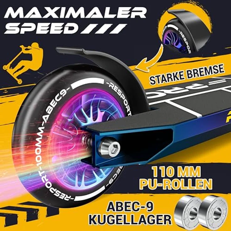 RE:SPORT Revo Pro Stunt Scooter, Profi Stuntroller mit ABEC 9 Kugellagern, 110mm PU Wheels, Y-Bar und Ständer für Kinder & Erwachsene – Bild 5