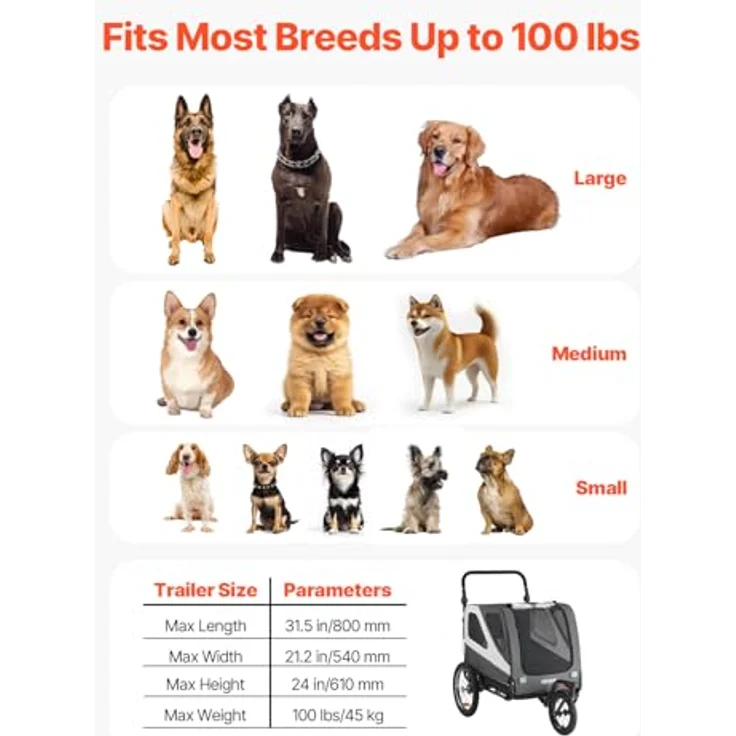 VEVOR Hundeanhänger, 2-in-1 Fahrradanhänger bis 45 kg für kleine & große Hunde, klappbarer Stahlrahmen, universelle Kupplung, inkl. Flagge & interne Leine, 1390x770x845 mm – Bild 3