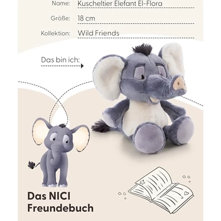 NICI Elefant El-flora, kuscheliger Plüschelefant aus der Wild Friends Kollektion, 18 cm, grau, aus recycelten Materialien – Bild 6