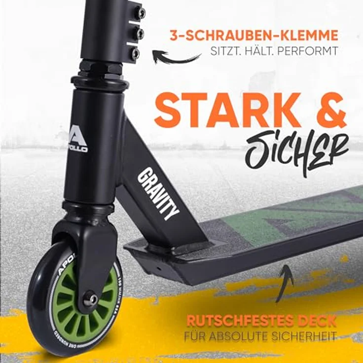 Apollo Stuntscooter Gravity, Kinderroller Trick Roller für Beginner, Schwarz/Grün, rutschfestes Deck, Kugellager, Aluminiumrahmen – Bild 2