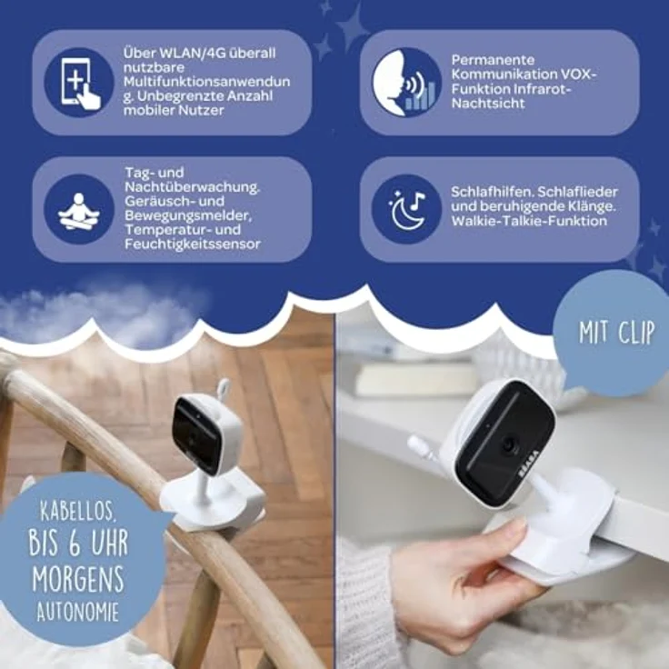 BÉABA Zen Nomad, drahtloses Babyphone mit Kamera, Nachtsicht, Mobile App, mehrfarbigem Nachtlicht, Walkie Talkie, Thermometer, 6h Akkulaufzeit, Weiß – Bild 5