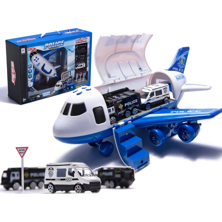 Ikonka Flugzeugtransporter-Set mit Spielzeug-Flugzeug und Fahrzeugen, interaktive Sounds, realistisches Design, für Polizei-/Feuerwehr-/Baustelle-Einsätze
