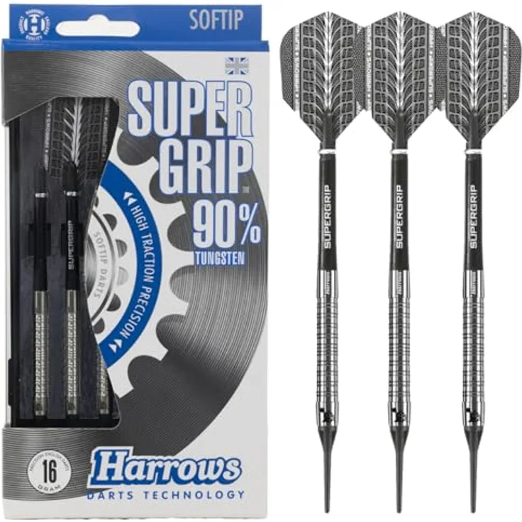 Harrows SUPERGRIP Darts-Set 90% Wolfram, Softdarts mit weicher Spitze, 18g, inklusive Supergrip-Schäften, Supergrip-Flights und Reiseetui
