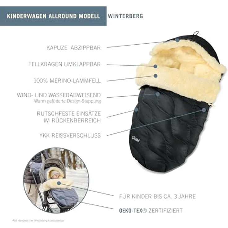 Fellhof® Lammfell Fußsack WINTERBERG, OEKO-TEX® zertifiziert, 50x98 cm, wind- und wasserdicht, waschbar bis 30°C, schwarz – Bild 2