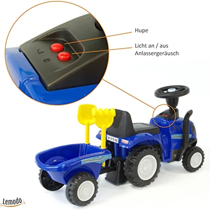 NATIV Rutschauto Traktor ab 1 Jahr | Kinderauto mit Anhänger | Rutschfahrzeug mit Schaufel und Rechen | Kinderfahrzeug in blau | Rutscher mit Soundtasten und Licht | Lizenziertes Kinderspielzeug – Bild 3