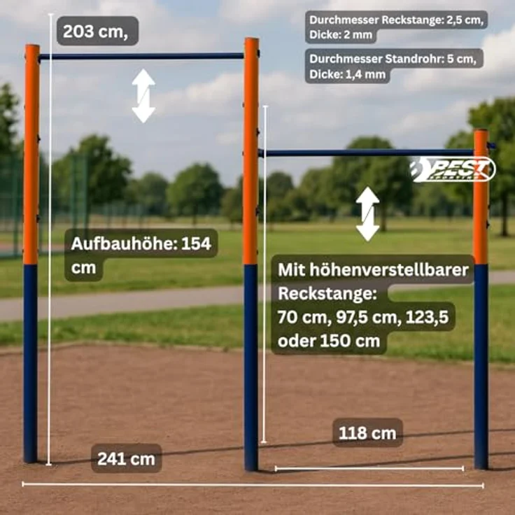 Best Sporting Turnreck Garten I Reckstange Garten Kinder und Erwachsene I Höhenverstellbare Kletterstange Outdoor in Blau-Orange I Turngeräte für Kinder für Spaß im Garten I Doppel - 241cm – Bild 4