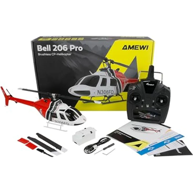 Amewi Bell 206 PRO brushless CP-Helikopter 6-Kanal 6G RTF RC ferngesteuert, Weiß/Rot - Realistischer Nachbau mit LED-Scheinwerfer, stabilisiert durch Sechs-Achs-Gyroskop – Bild 2