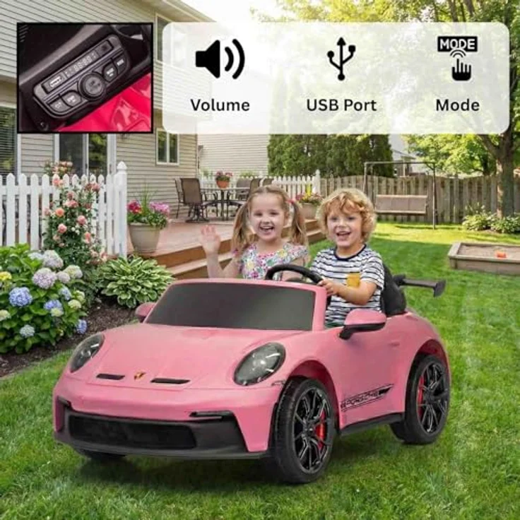 Beneo Motors Elektrisches Kinderauto Porsche 911 24V, rosa, 4x4-Antrieb, zwei Sitze, 200W Motoren, 2,4-GHz-Fernbedienung, USB/AUX, LED-Leuchten, Lithium-Batterie, Federung – Bild 4