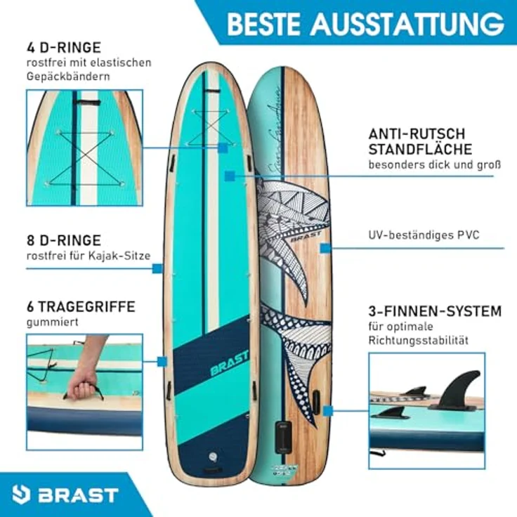BRAST® SUP Board Family XXL, aufblasbares Stand up Paddle Set mit 370x87x15cm, Tragkraft bis 210kg, Shark Natural, inkl. 2 Kajak-Sitze, 2 Paddel, Pumpe und Rucksack – Bild 5