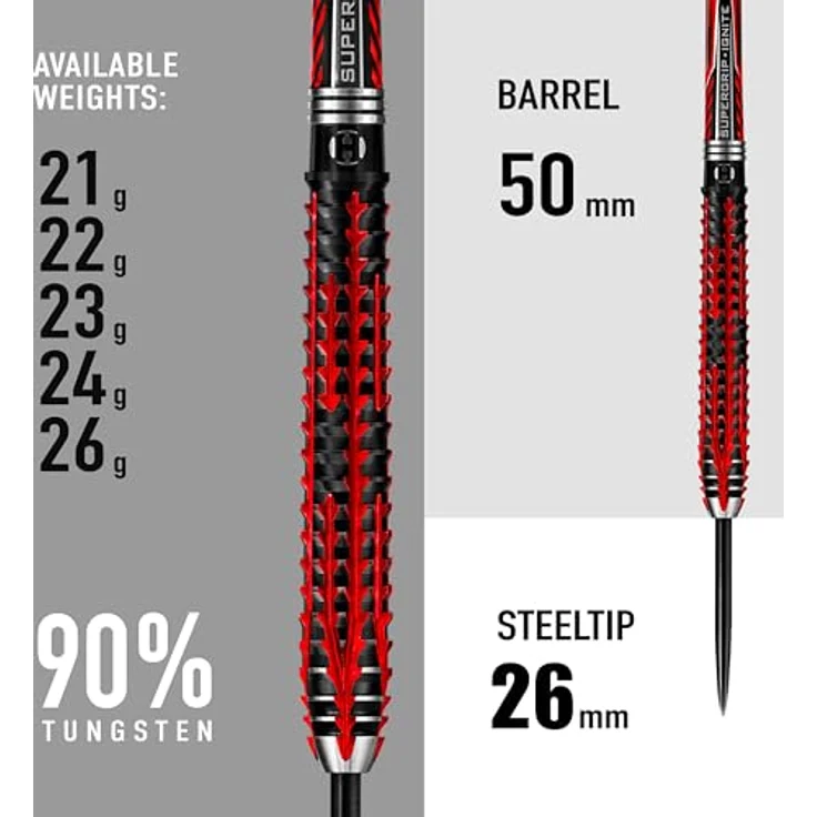Harrows Fire Inferno 90% Tungsten Darts, Darts-Set mit Stahlspitze, verschiedene Gewichte 21g-26g, mit Supergrip Ignite Shafts und 100 Micron Fire Flights – Bild 3