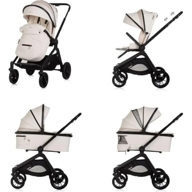 Chipolino Kombikinderwagen Magnum 3 in 1, mit Babywanne, Sportsitz und i-Size Babyschale, Farbe: creme, kompakt faltbar, PU-Räder, 5-Punkt-Gurt, rückwärtsgerichtete Sitzeinheit – Bild 4