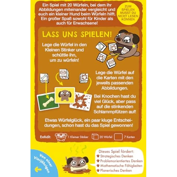 Exploding Kittens Kleiner Stinker, Kinderspiel für 2-5 Spieler, ab 4 Jahren, 5 Minuten Spielzeit, Deutsch, mit 20 Würfeln und Hunde-Würfelbecher – Bild 4