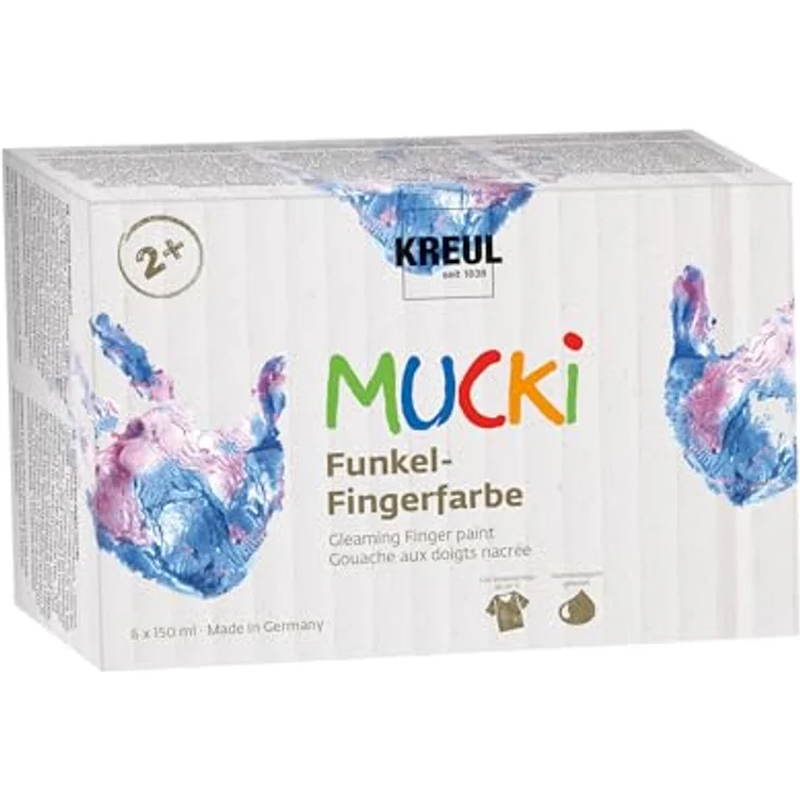 KREUL MUCKI Funkel Fingerfarben, 6 Glitzerfarben in Diamanten-Blau, Zauber-Lila, Feenstaub-Rosa, Drachen-Silber, Smaragd-Grün, Goldschatz, vegan, gut auswaschbar – Bild 1