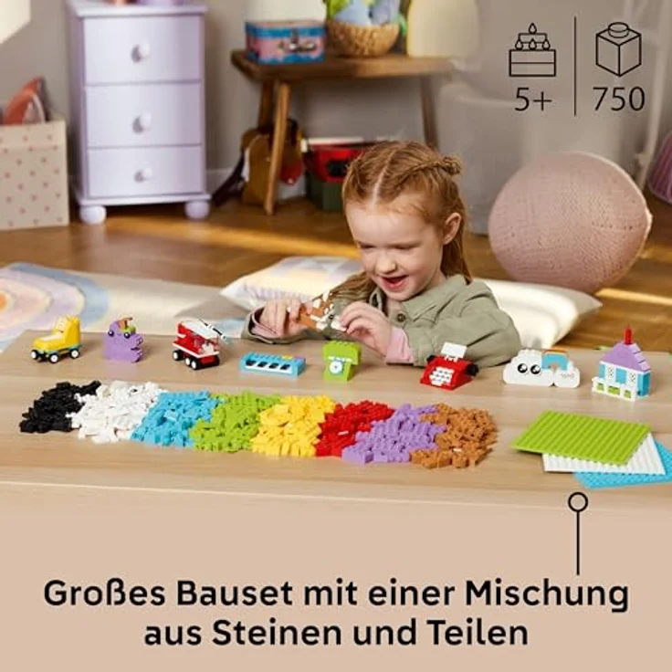 LEGO Classic Creative Build-and-Play Box 11044, 750-teiliges Bauset mit bunten Steinen für Kinder ab 5 Jahren, vielseitige Spielzeuge wie Haus, Hund, Löschauto und Klavier – Bild 2