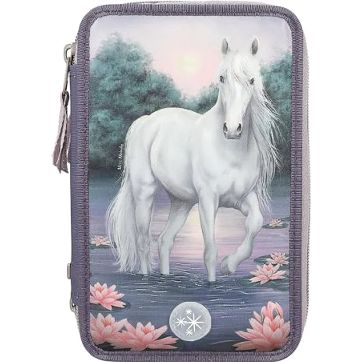 Depesche 12947 Miss Melody - Gefüllte 3-Fach Federtasche in Lila, mit LED, Seerosen und Pferde Motiv, Federmappe mit Buntstiften, Lineal, Schere uvm.  – Bild 1