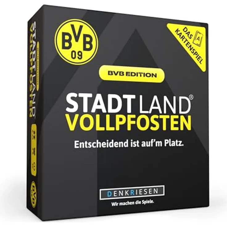 DENKRIESEN Stadt Land VOLLPFOSTEN® - BVB Edition, Kartenspiel für 3-6 Spieler, 60 Buchstabenkarten und 200 Kategorien, ab 8 Jahren, Fanartikel für Borussia Dortmund