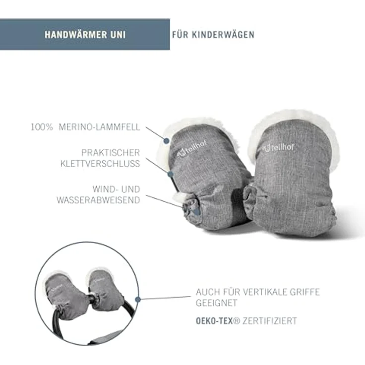 Fellhof® Kinderwagen Handwärmer UNI, 100% Merino-Lammfell, wind- und wasserabweisend, OEKO-TEX® zertifiziert, schwarz-melange – Bild 3
