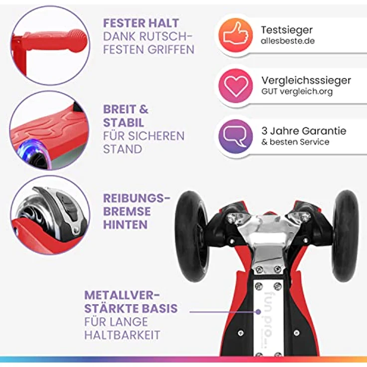 fun pro Two Roller Kinder 6 Jahre, Premium Kinderroller mit LED Rädern, Faltbar, erweiterte Garantie, bis 80KG, Hamburg Händler, 5-9 Jahre – Bild 2