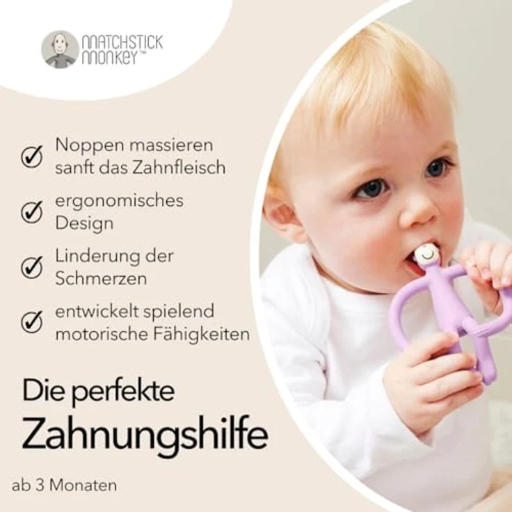 Matchstick Monkey Beißring Affe Original - Baby Zahnungshilfe - weiche Noppen massieren wundes Zahnfleisch - 100% Silikon - BPA-frei - Greifling für Zahnen - ab 3 Monaten (flieder) – Bild 3
