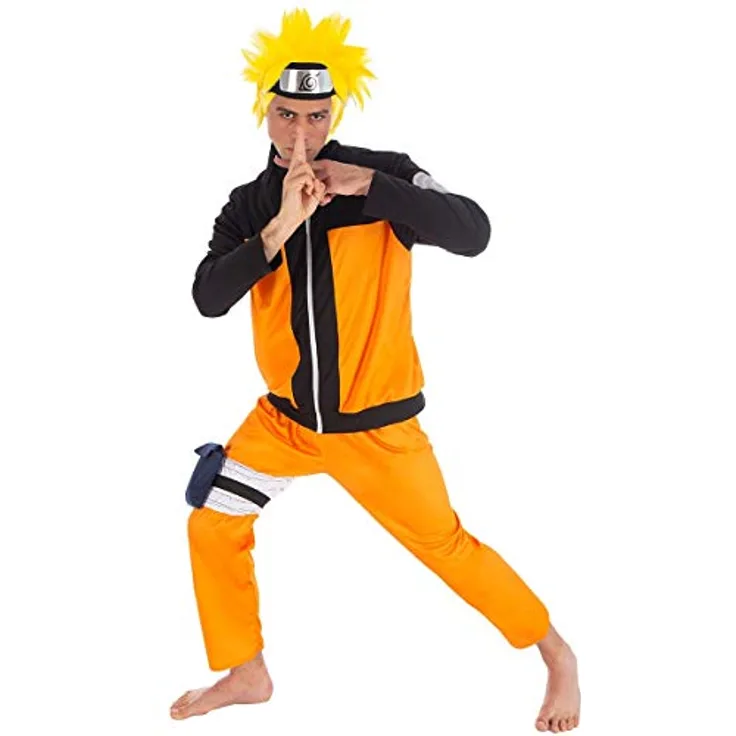 Chaks Naruto-Kostüm für Kinder Lizenz orange-schwarz, 6-tlg. Ninja Anime Set, Größe 128