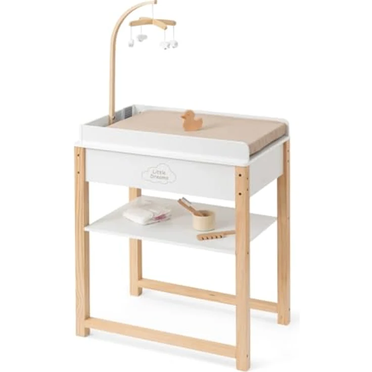 Ella & Piet Puppenwickeltisch Splashy mit Badewanne und Mobile aus Holz (Weiß-Schlamm) - Puppenmöbel mit modernem Design, Schäfchen Mobile und herausnehmbarer Wanne – Bild 1